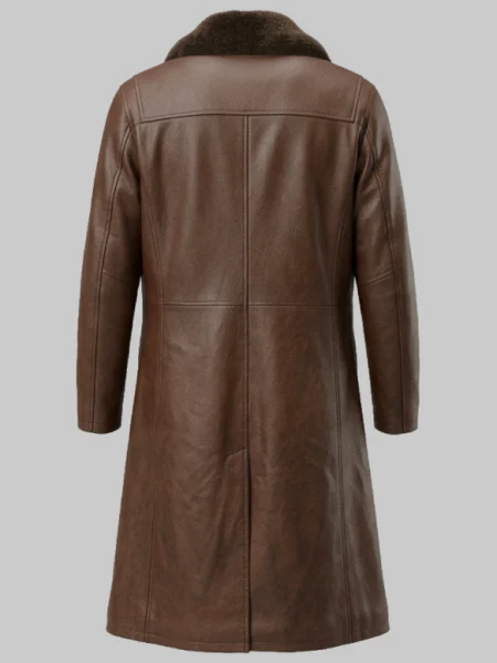 Unisex Brown Leather Trench Coat With Fur Collar