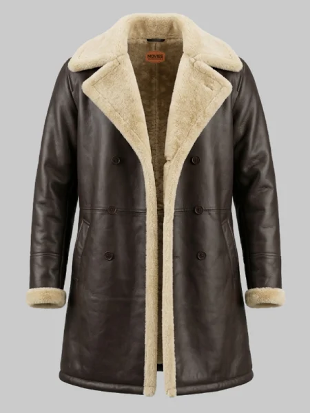 Double Breasted Dark Brown Leather Shearling Coat