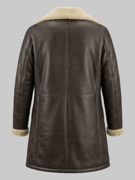 Double Breasted Dark Brown Leather Shearling Trench Coat