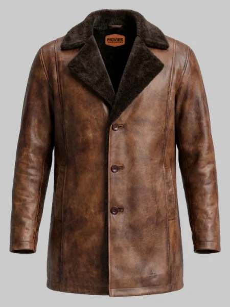 Brown Distressed Leather Fur Long Coat