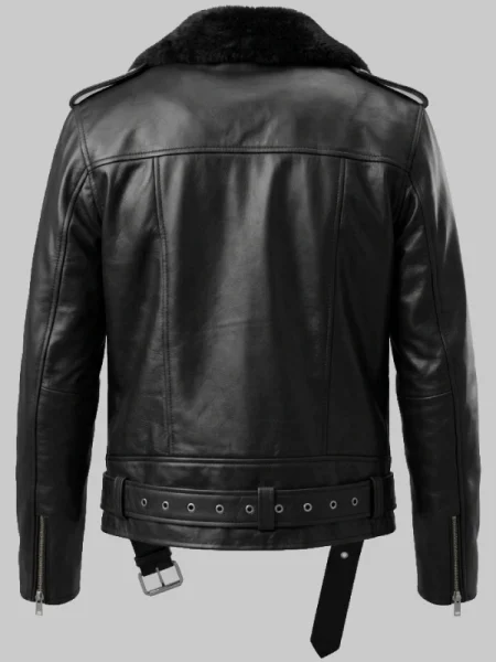 Unisex Black Leather Biker Shearling Jacket 2