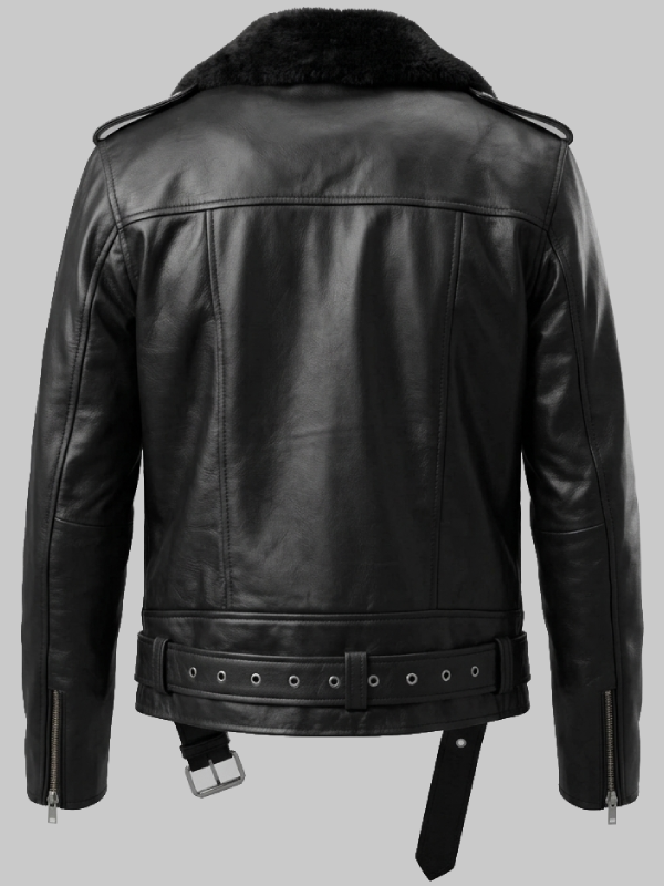 Unisex Black Leather Biker Shearling Jacket 2
