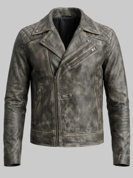 Quilted Grey Leather Biker Jacket